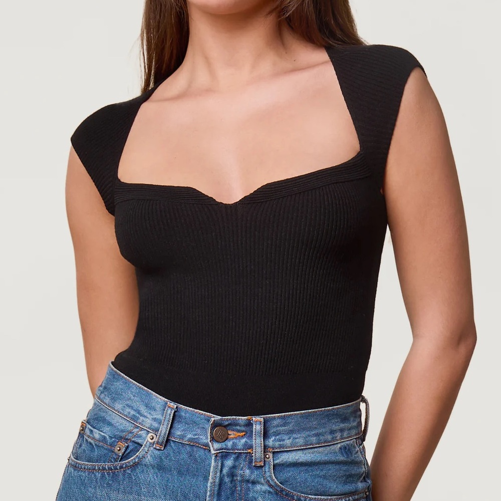 Rouje black ribbed bodysuit with v-neck and cap sleeves